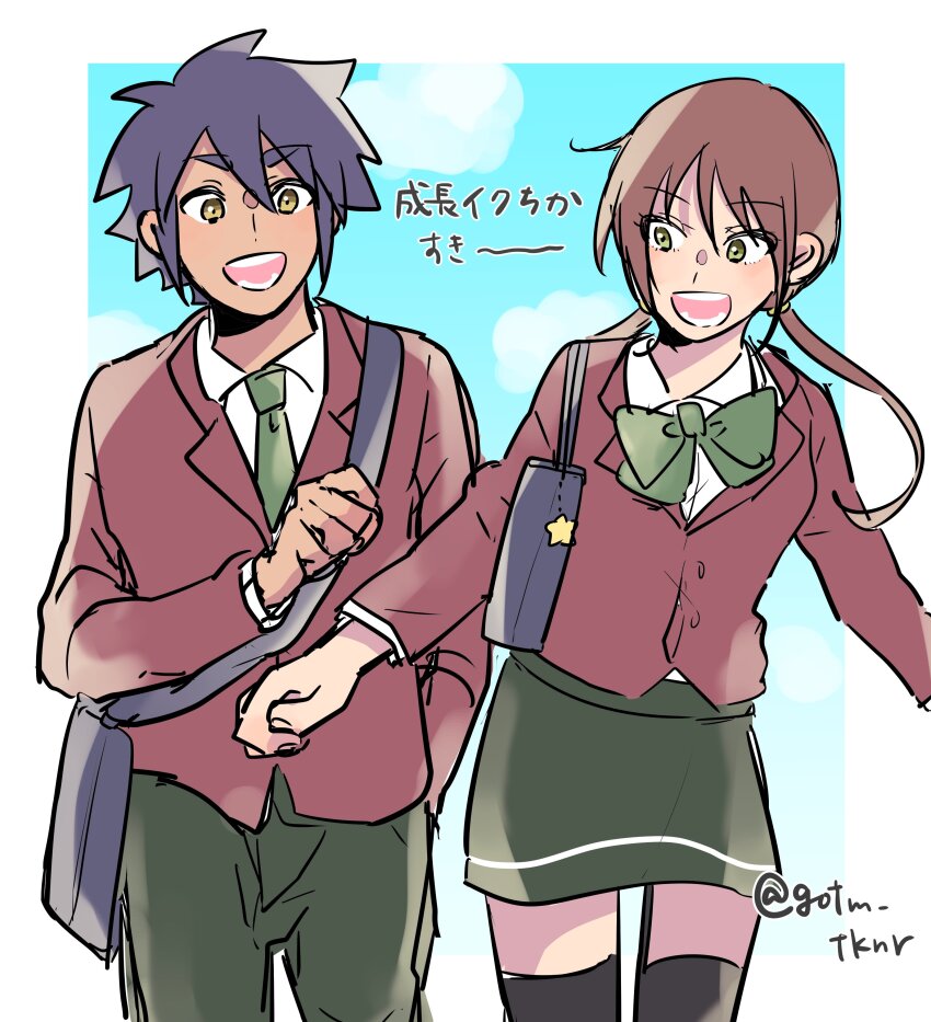 1boy 1girl absurdres aged_up daimon_chika digimon digimon_savers highres looking_at_another noguchi_ikuto ribbon school_uniform smile translation_request