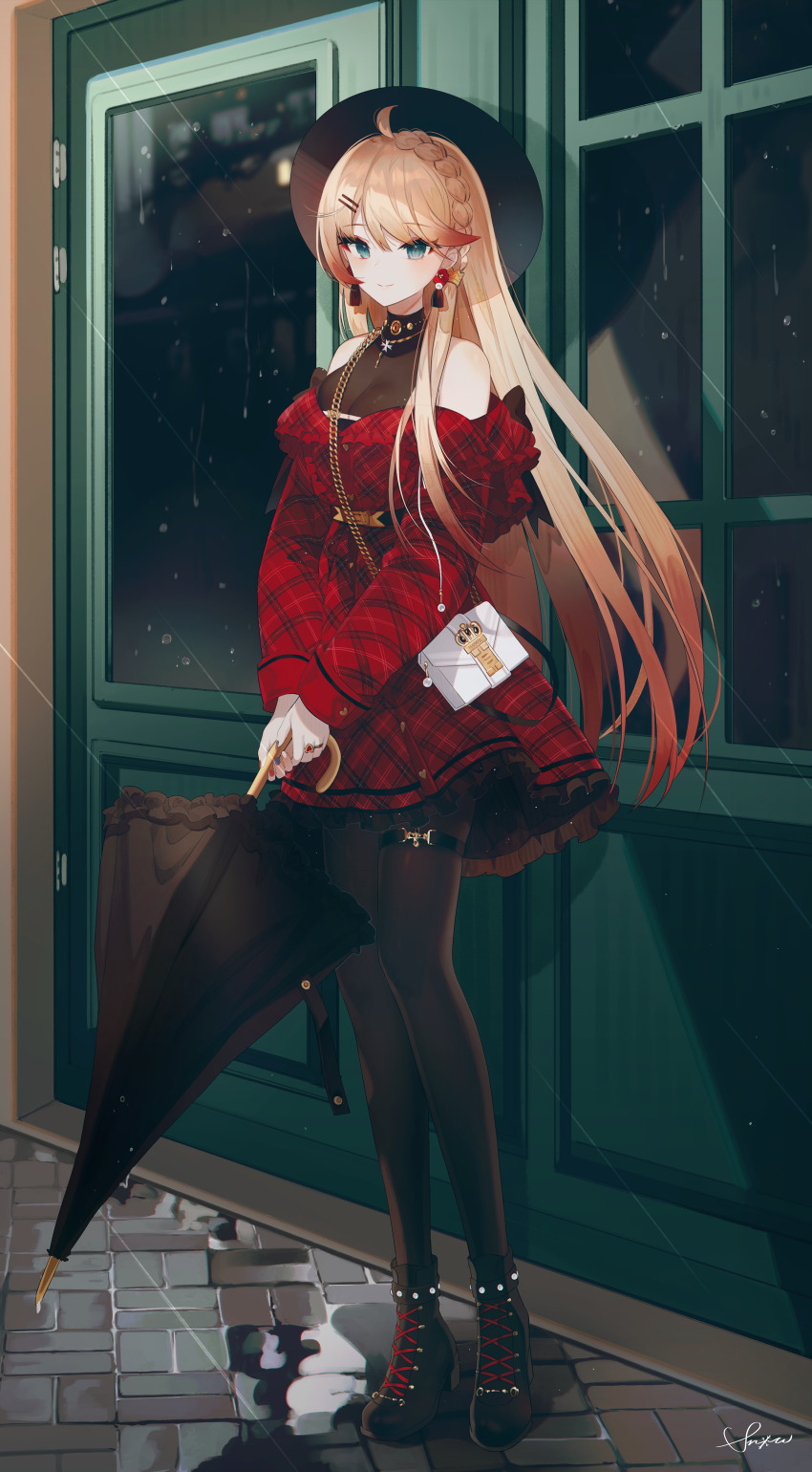 1girl absurdres ahoge aqua_eyes azur_lane bare_shoulders black_boots black_headwear black_pantyhose blonde_hair boots braid breasts dress french_braid frilled_dress frills full_body hair_ornament hairclip has_bad_revision has_downscaled_revision highres holding howe_(azur_lane) howe_(noble_rouge)_(azur_lane) huge_filesize long_hair long_sleeves looking_at_viewer md5_mismatch medium_breasts off-shoulder_dress off_shoulder outdoors pantyhose plaid_clothes plaid_dress rain red_dress resolution_mismatch shirt sleeveless sleeveless_shirt sleeveless_turtleneck smile snow_is solo source_smaller thigh_strap turtleneck umbrella undershirt water