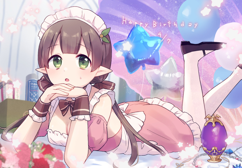 1girl :o apron ayumi_(princess_connect!) black_shoes blush boots breasts brown_boots brown_hair cleavage commentary_request dated detached_sleeves dress elf flower frilled_dress frills green_eyes gucchiann hands_up happy_birthday highres legs_up long_hair looking_at_viewer low_twintails lying maid maid_headdress medium_breasts on_stomach open_mouth own_hands_together pantyhose pink_dress pink_flower pink_rose pink_sleeves pointy_ears princess_connect! puffy_short_sleeves puffy_sleeves red_flower red_rose rose shoes short_sleeves small_sweatdrop solo star_balloon sweat twintails very_long_hair white_apron white_pantyhose wrist_cuffs