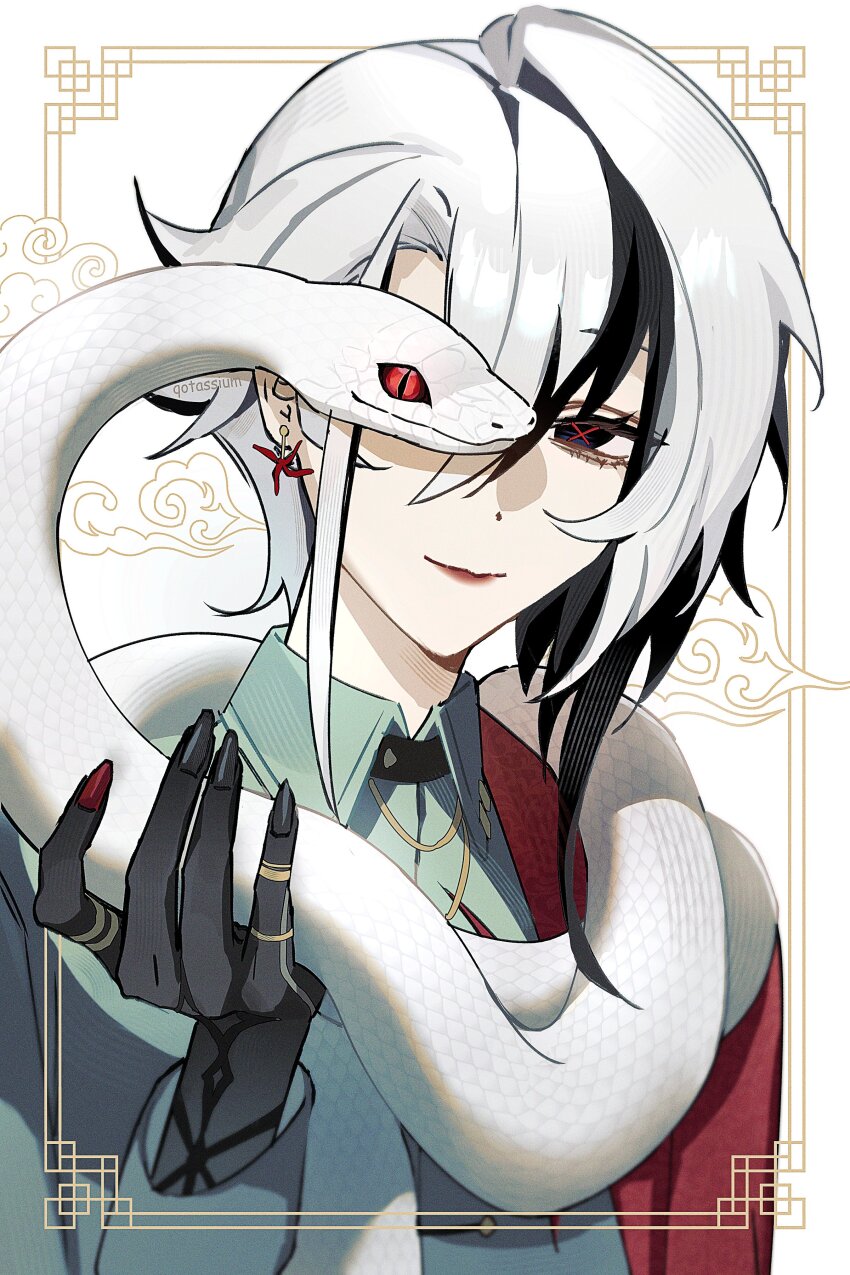 1girl absurdres animal arlecchino_(genshin_impact) black_eyes black_hair black_hands black_nails botassium chinese_zodiac closed_mouth colored_extremities commentary earrings genshin_impact hair_between_eyes highres holding holding_animal jewelry multicolored_hair one_eye_covered red_eyes red_nails red_pupils slit_pupils smile snake snake_on_shoulder solo streaked_hair symbol-shaped_pupils two-tone_hair upper_body white_hair x-shaped_pupils year_of_the_snake