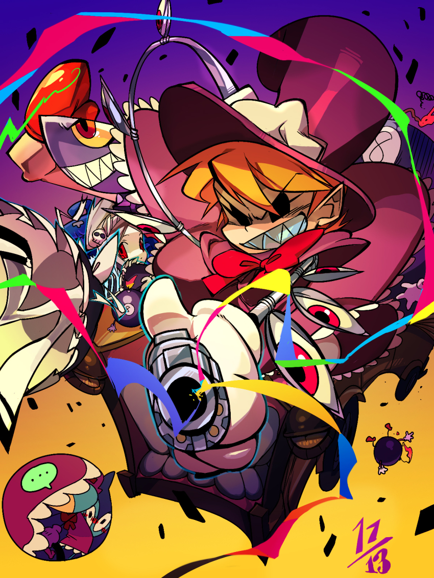 ... 2girls aiming aiming_at_viewer andy_anvil avery_(skullgirls) black_eyes bloody_marie_(skullgirls) blush bomb bone bow boxing_gloves car censored confetti convenient_censoring dated dress evil_smile explosive fuse george_the_bomb gloves grin gun hair_ornament hand_on_head happy_birthday hat headdress highres knife lenny_the_bomb long_hair looking_at_viewer looking_back maid maid_headdress mary_janes mechanical_arms motor_vehicle multiple_girls one_eye_closed orange_hair peacock_(skullgirls) purple_dress red_eyes ribbon ribs sharp_teeth shoes short_hair skull skull_hair_ornament skullgirls smile teeth tommy_ten-tons top_hat twintails upskirt weapon white_gloves wink yojio_(2188)