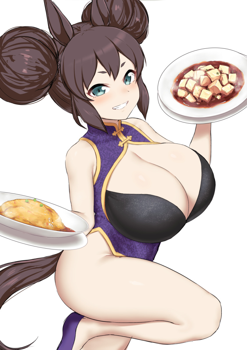 1girl animal_ears blue_eyes breasts brown_hair china_dress chinese_clothes cleavage commentary_request dress food highres holding holding_food holding_plate horse_ears horse_girl horse_tail inari_one_(umamusume) large_breasts looking_at_viewer mapo_tofu plate sleeveless solo tail thighhighs umamusume white_background yuugatou_(yuuzutu)