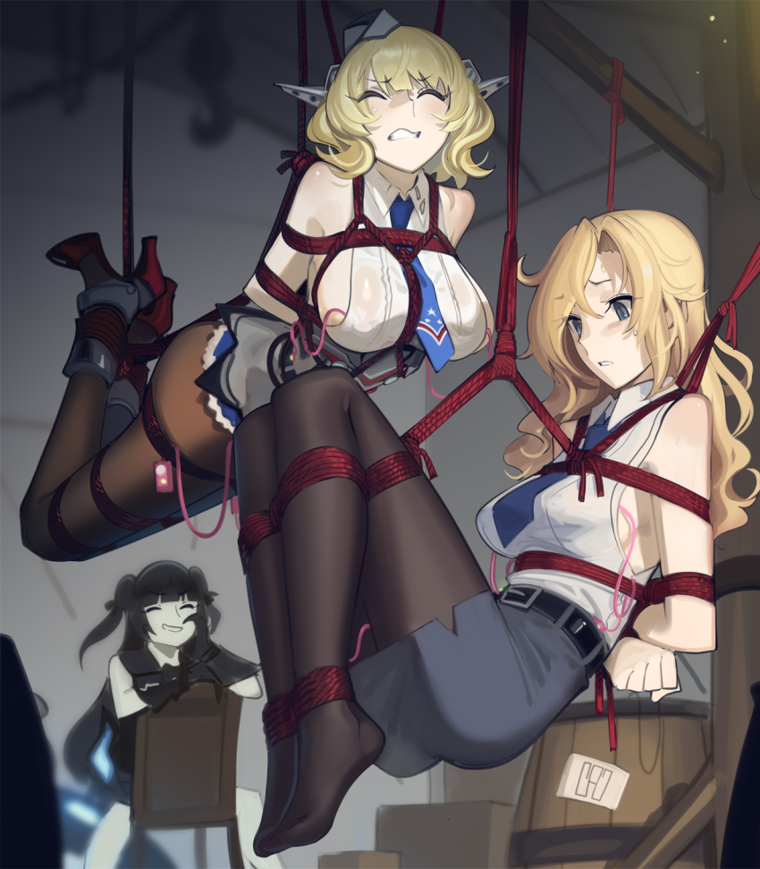 3girls abyssal_ship bdsm belt black_belt black_hair black_pantyhose blonde_hair blue_necktie bondage boots bound breasts cad_(caddo) captured colorado_(kancolle) commentary_request commission egg_vibrator hanging high_heel_boots high_heels highres hornet_(kancolle) kantai_collection kidnapped light_cruiser_oni multiple_girls necktie no_shoes pantyhose restrained sex_toy shibari shirt smile vibrator vibrator_cord wavy_hair white_shirt