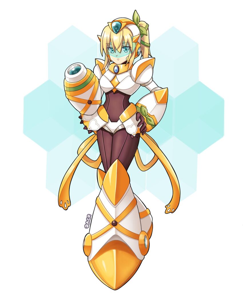 1girl adapted_costume alternate_breast_size android aqua_gemstone arm_cannon armor artist_name assault_visor blonde_hair blue_eyes blue_gemstone bow breasts closed_mouth commentary commission crossover deniacp edna_(tales) english_commentary full_body gem green_bow green_ribbon hair_bow hair_ribbon hand_on_own_hip hand_up helmet hexagon highres looking_at_viewer medium_breasts medium_hair mega_man_(series) mega_man_x_(series) ribbon side_ponytail sidelocks solo tales_of_(series) tales_of_zestiria weapon white_armor white_background white_helmet yellow_ribbon