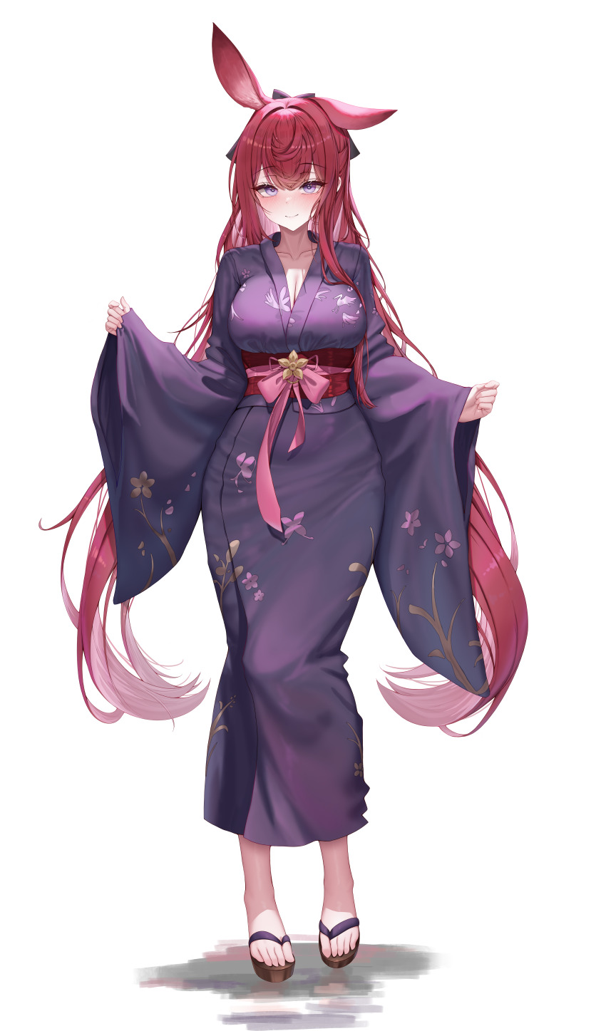 1girl absurdres animal_ears arknights bath blue_eyes blush breasts cleavage closed_mouth commentary floral_print floral_print_kimono full_body highres japanese_clothes kimono large_breasts lilac_(k32420276) long_hair looking_at_viewer obi print_kimono purple_eyes purple_hair purple_kimono rabbit_ears ray_(arknights) red_hair sandals sash simple_background sleeves_past_wrists smile solo toes very_long_hair white_background wide_sleeves zouri