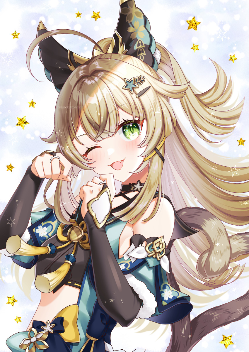 1girl ;d absurdres ahoge animal_ears bell blonde_hair blush bridal_gauntlets brown_tail cat_tail commentary_request detached_sleeves fake_animal_ears fang genshin_impact green_eyes hair_ornament hairclip hands_up highres jingle_bell kirara_(genshin_impact) light_particles long_hair looking_at_viewer midriff_peek multiple_tails neck_bell one_eye_closed open_mouth smile solo tail tateko25wiz two_tails white_background