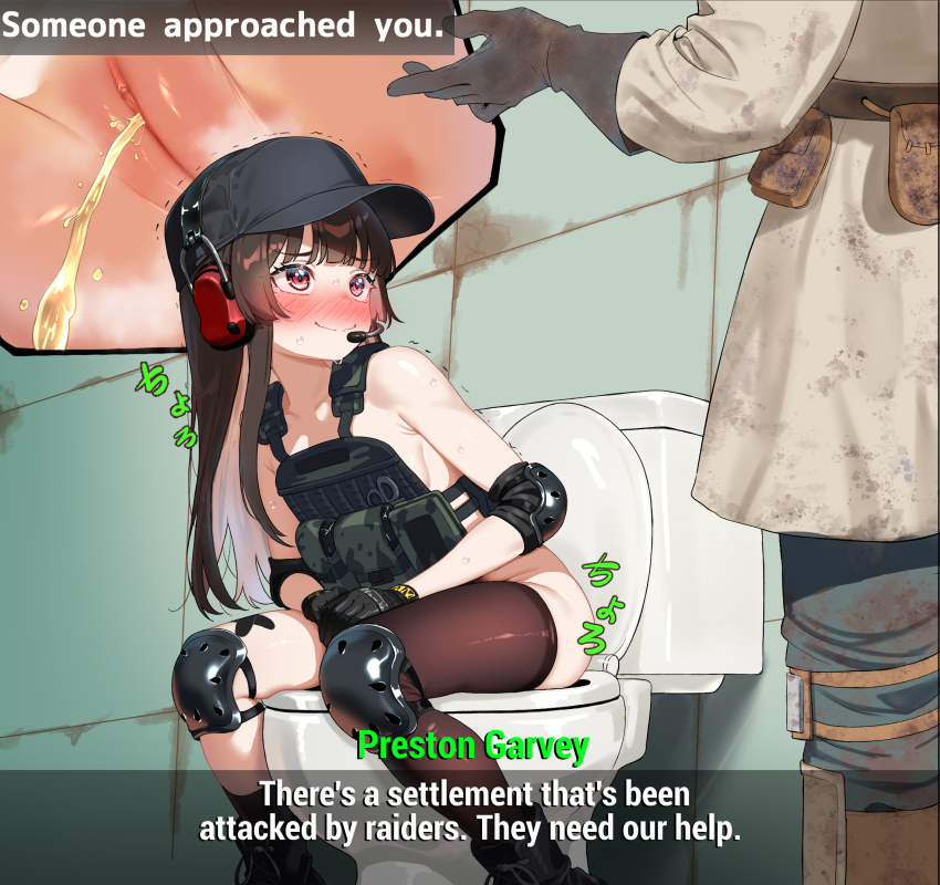 1boy 1girl black_hat black_thighhighs blue_pants blush bottomless brown_hair brown_shirt bulletproof_vest censored commentary_request dirty dirty_clothes dongchuan elbow_pads embarrassed english_text fallout fallout_4 gloves grey_gloves hat headset highres knee_pads long_hair looking_at_another mosaic_censoring nervous_smile original pants peeing pouch preston_garvey pussy red_eyes shirt single_thighhigh smile sweat thighhighs toilet toilet_use trembling