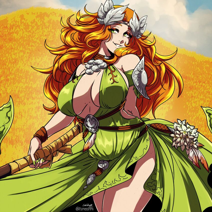1girl arm_behind_back armpit_crease artist_name breasts dress final_fantasy final_fantasy_xiv green_dress green_eyes highres holding holding_scythe ishmi jewelry large_breasts laurels long_hair looking_at_viewer nail_polish necklace nophica open_mouth orange_hair scythe shadow shoulder_pads smile solo teeth very_long_hair wheat_field
