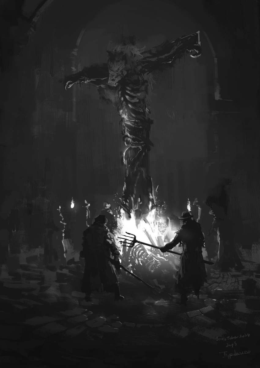 6+others artist_name bloodborne corpse cross fire hat highres holding holding_pitchfork holding_torch huntsmen_(bloodborne) jacket monster multiple_others night outdoors pitchfork standing torch tripdancer werewolf