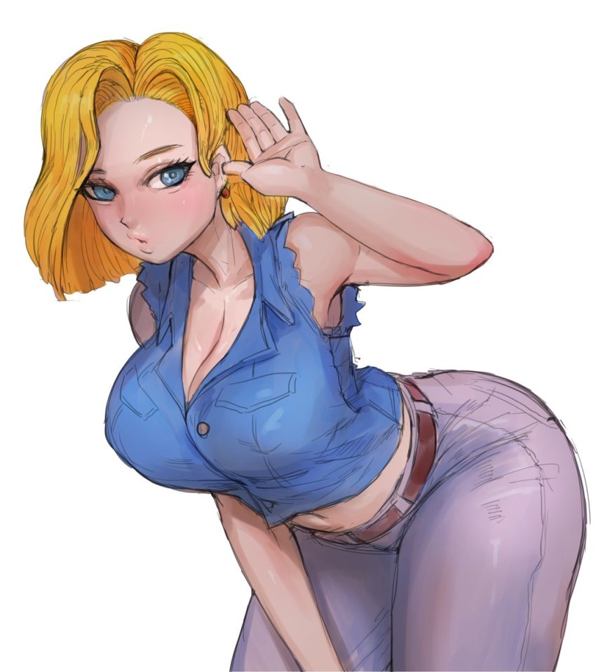 1girl android_18 ass blonde_hair blue_eyes blush breasts cleavage denim denim_jacket dragon_ball dragonball_z highres jacket jeans large_breasts looking_at_viewer ohthicc otik pants short_hair solo source_request