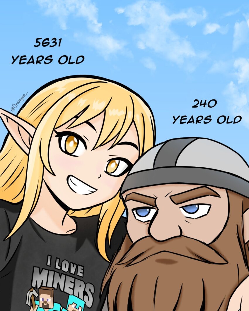 1boy 1girl beard blonde_hair blue_eyes cloud dwarf elf facial_hair helmet highres long_beard long_hair minecraft mustache oranyaa pointy_ears shirt sky smile steve_(minecraft) t-shirt thick_mustache yellow_eyes