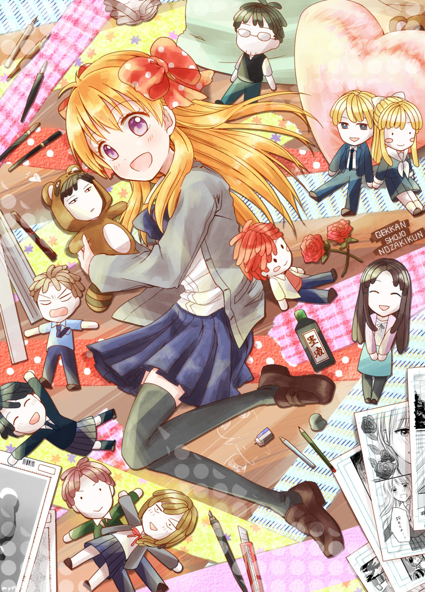 &gt;_&lt; 10s 1girl :d animal_costume bad_id bad_pixiv_id black_hair black_thighhighs blazer blonde_hair blue_eyes blush_stickers bow boxcutter brown_hair character_doll closed_eyes copyright_name doll eraser flower gekkan_shoujo_nozaki-kun hair_bow heart highres hori_masayuki jacket kashima_yuu long_hair mamiko_(koi_shiyou!) manga_(object) mikoshiba_mikoto miniskirt miyako_yukari miyamae_ken miyanonnon necktie nib_pen_(object) nozaki_umetarou open_mouth orange_hair paper pen pencil pillow polka_dot polka_dot_bow purple_eyes raccoon rose ruler sakura_chiyo school_uniform seo_yuzuki short_hair skirt smile suzuki_saburou_(koi_shiyou!) tanuki tanuki_costume thighhighs wakamatsu_hirotaka