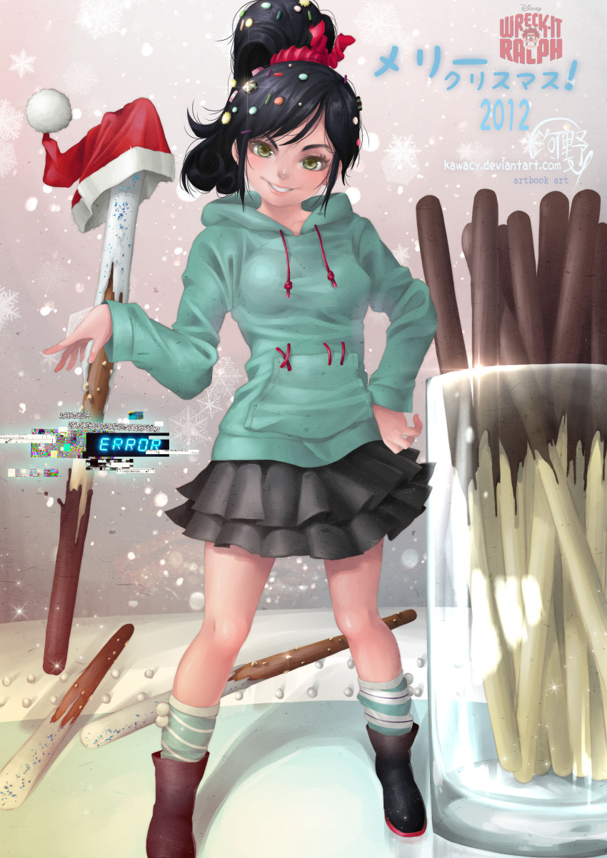 1girl alternate_legwear asymmetrical_legwear black_hair boots breasts candy disney female_focus food glitch green_eyes grin hair_ornament hand_on_own_hip hat highres hood hoodie kawacy long_hair medium_breasts mismatched_legwear pleated_skirt pocky ponytail santa_hat scrunchie skirt smile snowflakes snowing socks solo striped_clothes striped_socks vanellope_von_schweetz watermark web_address wreck-it_ralph