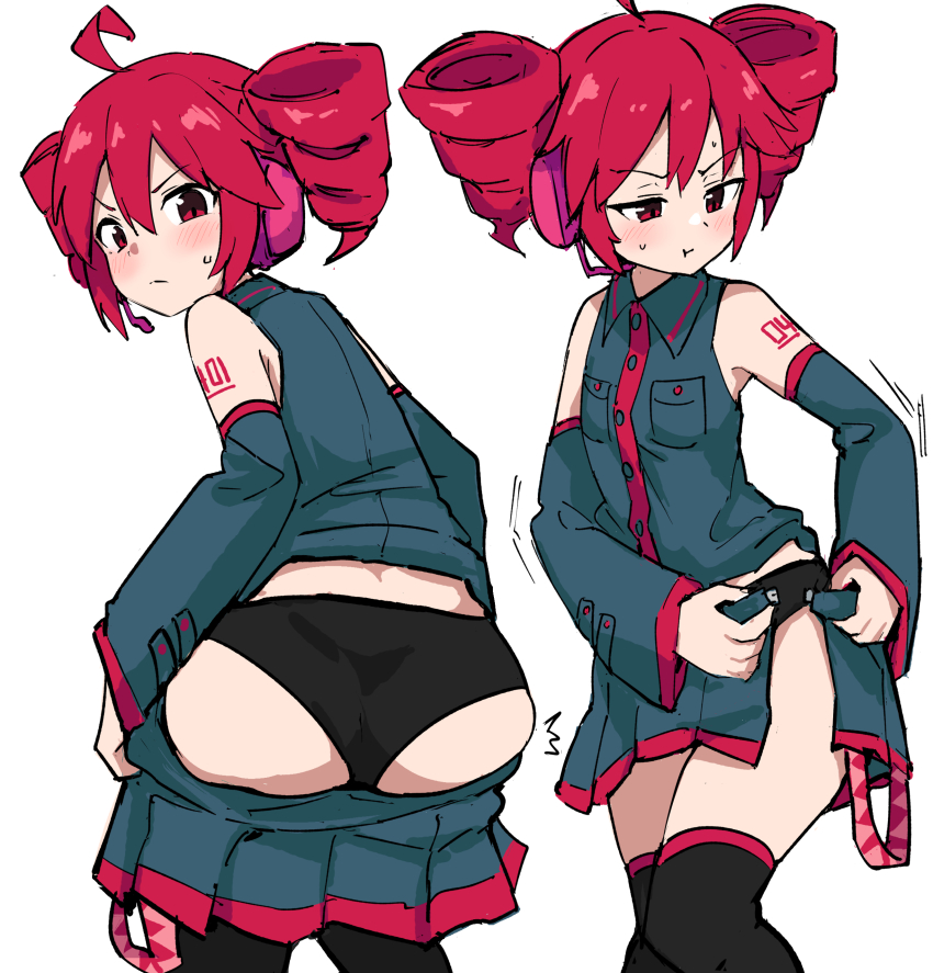 1girl absurdres adjusting_clothes ahoge ass black_panties blush commentary cowboy_shot detached_sleeves drill_hair grey_shirt grey_skirt headphones headset highres kasane_teto kasane_teto_(utau) light_frown long_sleeves looking_at_viewer looking_down multiple_views panties pout red_eyes red_hair red_trim shirt simple_background skirt sleeveless sleeveless_shirt tenten_(chan4545) twin_drills underwear undressing utau v-shaped_eyebrows white_background