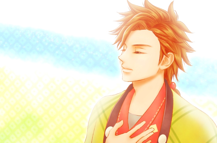 1boy adam&#039;s_apple azu_rin_go blue_background bokujou_monogatari bokujou_monogatari:_mittsu_no_sato_no_taisetsuna_tomodachi brown_hair closed_eyes curtained_hair green_background green_haori hair_bobbles hair_ornament hand_on_own_chest haori hinata_(bokujou_monogatari) japanese_clothes jinbei_(clothes) kanoko_(pattern) male_focus outline parted_bangs patterned_background portrait rattail side_part solo spiked_hair white_background white_outline