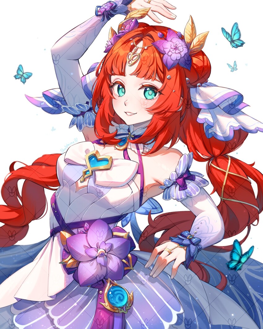 1girl artist_name blue_butterfly blue_eyes blush breasts bug butterfly cleavage clip_studio_paint_(medium) dancing detached_sleeves dress floating_hair flower genshin_impact hair_flower hair_ornament hand_up highres hydro_symbol_(genshin_impact) insect jewelry long_hair looking_at_viewer low_twintails medium_breasts nilou_(breeze_of_sabaa)_(genshin_impact) nilou_(genshin_impact) official_alternate_costume open_hand parted_bangs purple_flower red_hair ring shylphine smile solo twintails very_long_hair vision_(genshin_impact) watermark white_background white_dress