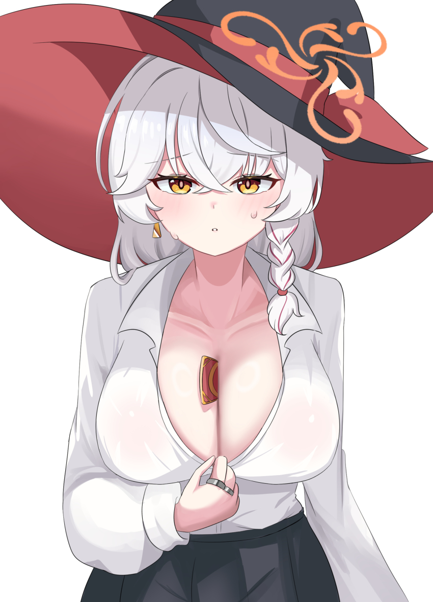 1girl absurdres between_breasts black_skirt blue_archive breasts card card_between_breasts cleavage collarbone commentary_request earrings eri_(blue_archive) halo hat highres jewelry korean_commentary large_breasts looking_at_viewer orange_eyes orange_halo sabnak66 shirt simple_background skirt solo sweatdrop white_background white_shirt witch_hat