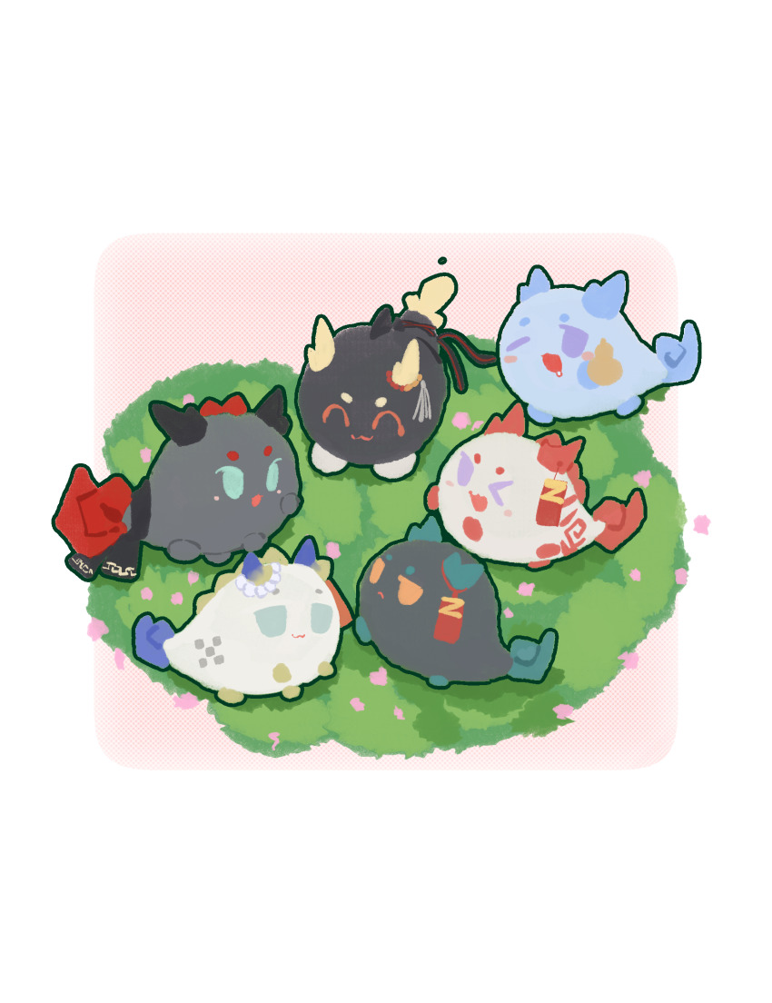 :3 ;d ^_^ annotated arknights border chongyue_(arknights) closed_eyes closed_mouth dragon_bubble_(arknights) dusk_(arknights) grass green_eyes halftone halftone_background highres horns ling_(arknights) nian_(arknights) no_humans one_eye_closed open_mouth outside_border plant purple_eyes shu_(arknights) smile tang_cu_caihong white_border yu_(arknights)