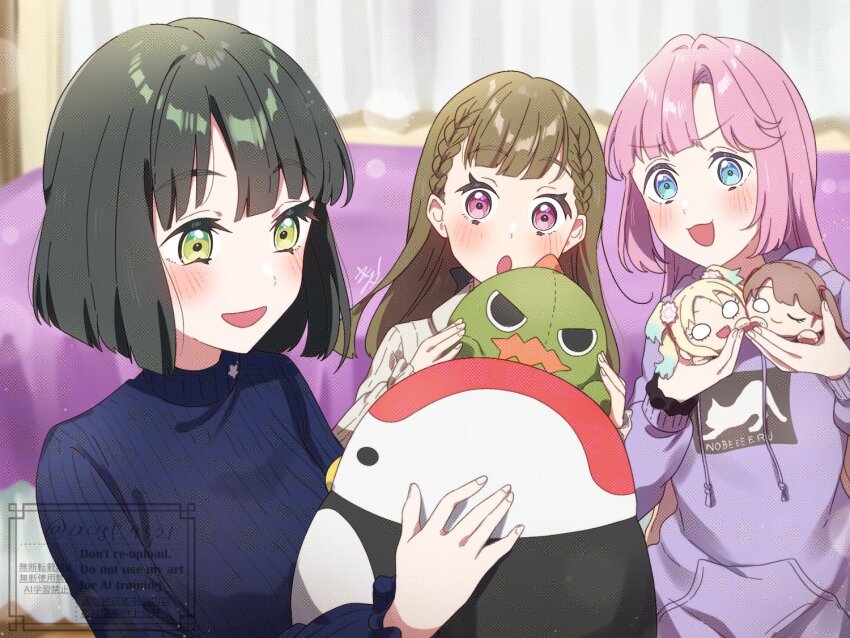 3girls :3 :d :o ;) anyoji_hime anyoji_hime_(winter_loungewear) black_bow black_hair blonde_hair blue_eyes blue_hair blue_sweater blunt_bangs blunt_ends blush bob_cut bow braid brown_hair center-flap_bangs collared_dress commentary_request dress fang flower fujishima_megumi gonzales_(love_live!) gradient_hair green_eyes hair_bow hair_flower hair_intakes hair_ornament holding holding_stuffed_toy hood hood_down hoodie indoors kachimachi_kosuzu kachimachi_kosuzu_(winter_loungewear) kyaku_tasu link!_like!_love_live! long_hair long_sleeves love_live! mira-cra_park! momose_ginko momose_ginko_(winter_loungewear) multicolored_hair multiple_girls official_alternate_costume one_eye_closed open_mouth osawa_rurino parted_bangs pink_eyes pink_flower pink_hair purple_hoodie ribbed_sweater short_hair side_braids sidelocks smile straight_hair stuffed_animal stuffed_bird stuffed_dinosaur stuffed_toy sweater swept_bangs tsuru_(love_live!) turtleneck turtleneck_sweater twintails two_side_up v-shaped_eyebrows very_long_hair virtual_youtuber watermark white_dress