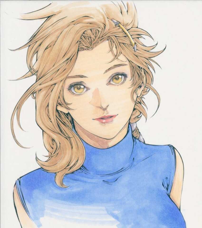 1girl andy_seto anling_(cyber_weapon_z) braid braided_ponytail breasts brown_hair chinese_commentary commentary_request cyber_weapon_z forehead hair_ornament hairclip highres large_breasts marker_(medium) parted_lips pink_lips portrait sleeveless sleeveless_turtleneck solo traditional_media turtleneck yellow_eyes