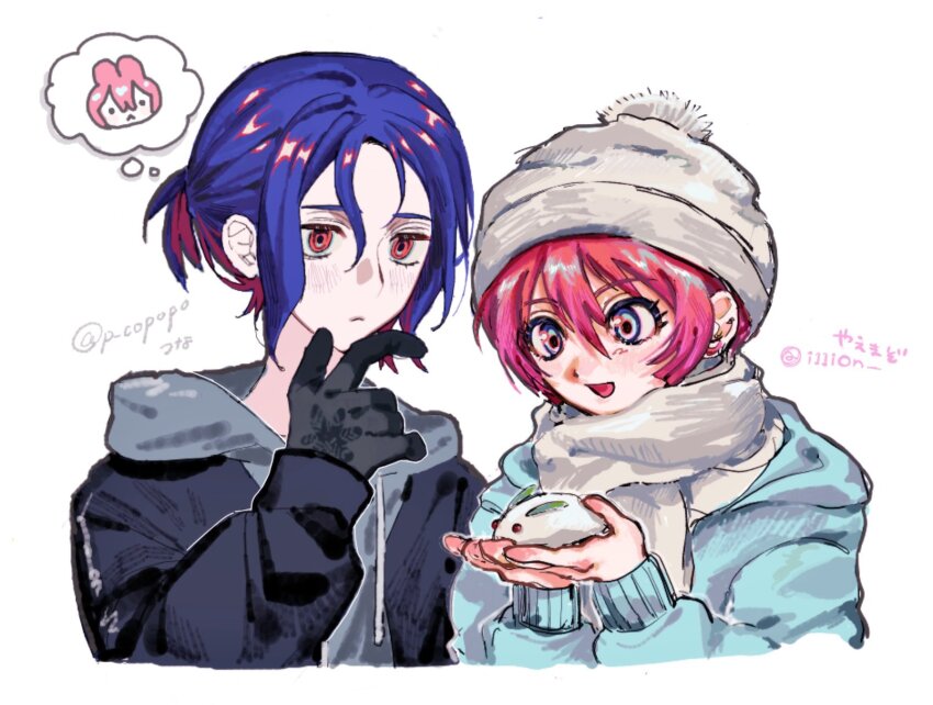 1boy 1girl amate_yuzuriha aqua_eyes beanie blue_hair blush colored_inner_hair gundam gundam_gquuuuuux hat highres hood hoodie i11ion jacket multicolored_hair open_mouth purple_hair red_eyes red_hair scarf short_hair shuji_ito simple_background smile snow_rabbit speech_bubble thought_bubble two-tone_hair upper_body white_background winter_clothes