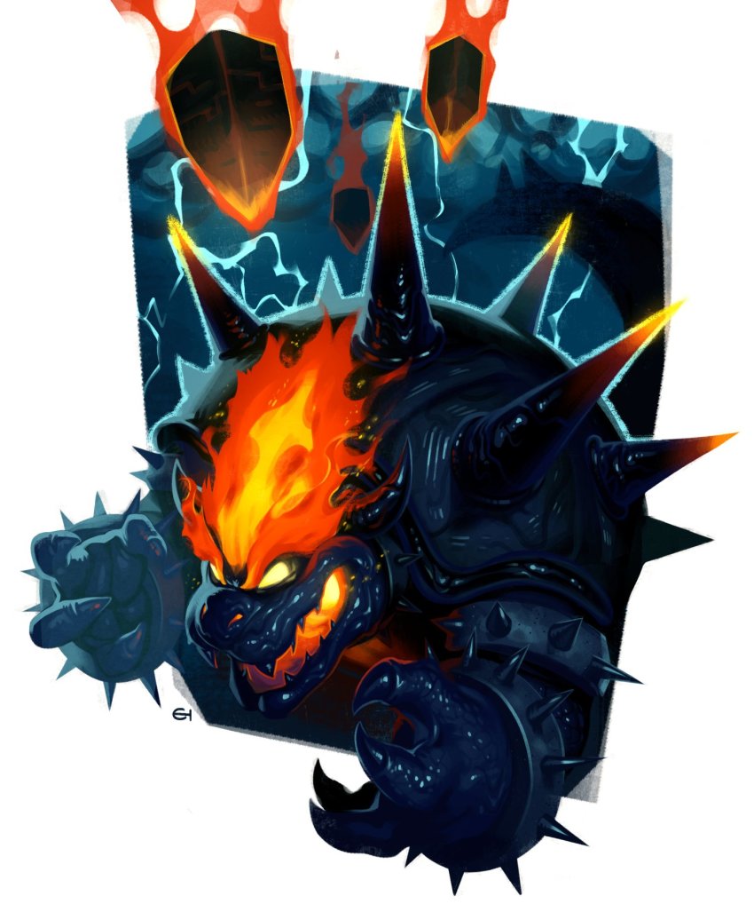 1boy armlet bad_id bad_twitter_id bowser bracelet breath_weapon breathing_fire claws collar commentary eigaka electricity english_commentary fewer_digits fiery_hair fire floating_rock fury_bowser glowing glowing_eyes glowing_hair highres horns jewelry lightning male_focus mario_(series) nintendo no_pupils rain sharp_teeth solo spiked_armlet spiked_bracelet spiked_collar spiked_shell spikes storm super_mario_3d_world teeth thick_eyebrows thunder