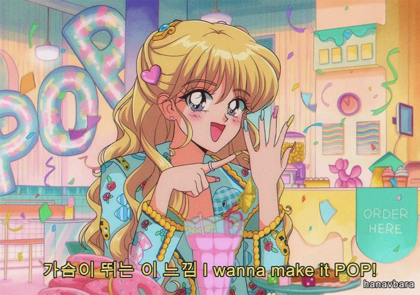 1990s_(style) animification balloon_animal blonde_hair blue_eyes blue_jacket confetti english_text hair_behind_ear hair_ornament hanavbara heart heart_hair_ornament jacket k-pop korean_text long_hair looking_at_viewer lyrics nayeon_(twice) open_hand pointing real_life retro_artstyle smile streamers subtitled translation_request twice_(group)