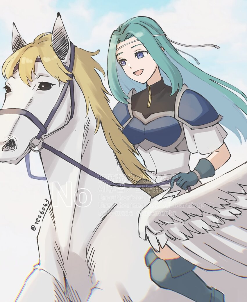 1girl :d aqua_hair armor artist_name blonde_hair blue_eyes blue_sky breastplate cloud commentary_request fiora_(fire_emblem) fire_emblem fire_emblem:_the_blazing_blade harness highres horseback_riding long_hair nintendo open_mouth pauldrons pegasus riding shoulder_armor sky smile solo tea6043 watermark