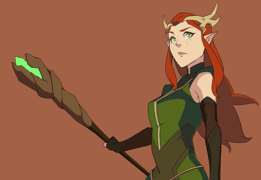 1girl antlers breasts closed_mouth critical_role date_naoto dungeons_&amp;_dragons dungeons_&amp;_dragons elbow_gloves elf fingerless_gloves freckles gloves green_eyes highres holding holding_staff horns keyleth_(critical_role) lips long_hair pointy_ears red_hair simple_background solo staff the_legend_of_vox_machina