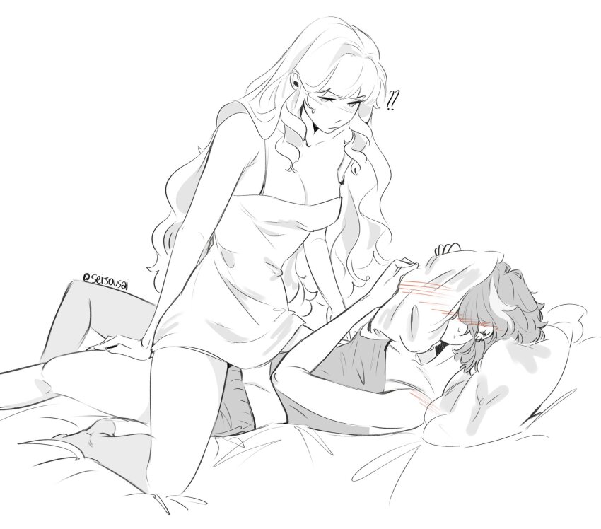 2girls ? ?? breasts cleavage clorinde_(genshin_impact) dress drill_hair drill_sidelocks flustered genshin_impact highres long_hair lying multiple_girls navia_(genshin_impact) on_back on_bed pillow seijousai short_dress short_hair sidelocks signature sleeveless sleeveless_dress straddling very_long_hair yuri
