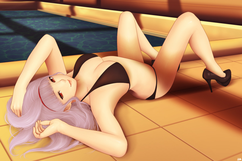 1girl arched_back bikini black_bikini breasts female_focus hairband high_heels idolmaster idolmaster_(classic) indoors khalitzburg_(user_2274420) large_breasts long_hair lying on_back pool poolside red_eyes rei_no_pool shijou_takane shoes silver_hair smile solo sunset swimsuit