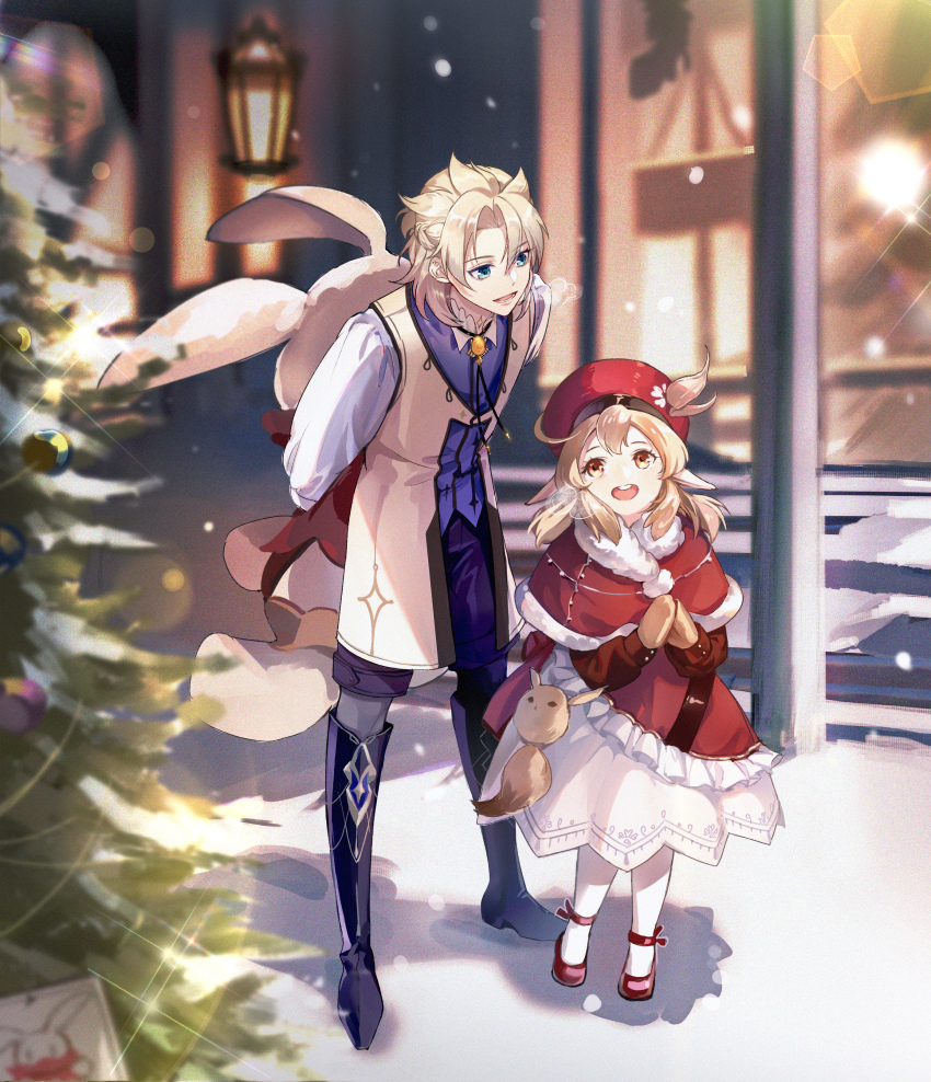 1boy 1girl absurdres ahoge albedo_(genshin_impact) aqua_eyes arms_behind_back black_choker black_footwear black_shorts blonde_hair blue_vest blurry blurry_background blurry_foreground boots braid brown_mittens capelet child choker christmas christmas_ornaments christmas_tree coat commentary_request diffraction_spikes dodoco_(genshin_impact) dress frilled_dress frills full_body fur-trimmed_capelet fur_trim genshin_impact hair_between_eyes hands_up hat highres holding holding_stuffed_toy klee_(genshin_impact) knee_boots lantern lens_flare light_brown_hair long_sleeves looking_at_another looking_down low_twintails medium_hair mittens open_mouth outdoors pantyhose parted_bangs pointy_ears red_capelet red_coat red_eyes red_footwear red_hair rokuon round_teeth shadow shirt shoes shorts sidelocks sleeveless sleeveless_coat smile snow snowing standing stuffed_animal stuffed_rabbit stuffed_toy teeth tree twintails vest vision_(genshin_impact) white_coat white_pantyhose white_shirt window