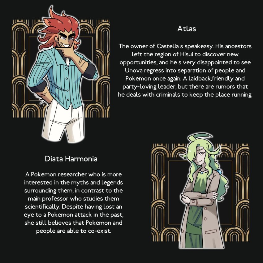 1920s_(style) 1boy 1girl blue_shirt coat crossed_arms english_text fluorart green_hair grey_coat hand_on_own_chin highres long_hair multicolored_hair nintendo one_eye_covered original pants pokemon pokemon_legends:_arceus red_hair shirt smile two-tone_hair upper_body white_pants