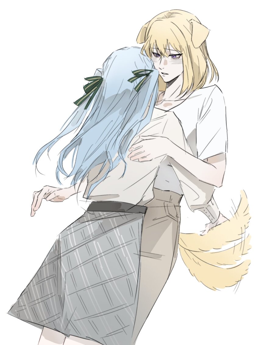 2girls animal_ears bang_dream! bang_dream!_it&#039;s_mygo!!!!! blonde_hair blue_hair blush brown_skirt chinese_commentary commentary_request dog_ears dog_girl dog_tail green_ribbon grey_skirt hair_ribbon highres long_hair long_sleeves medium_hair misumi_uika multiple_girls parted_lips plaid_clothes plaid_skirt purple_eyes ribbon shirt short_sleeves simple_background skirt tail tail_wagging tao_hua21781 togawa_sakiko two_side_up white_background white_shirt yuri