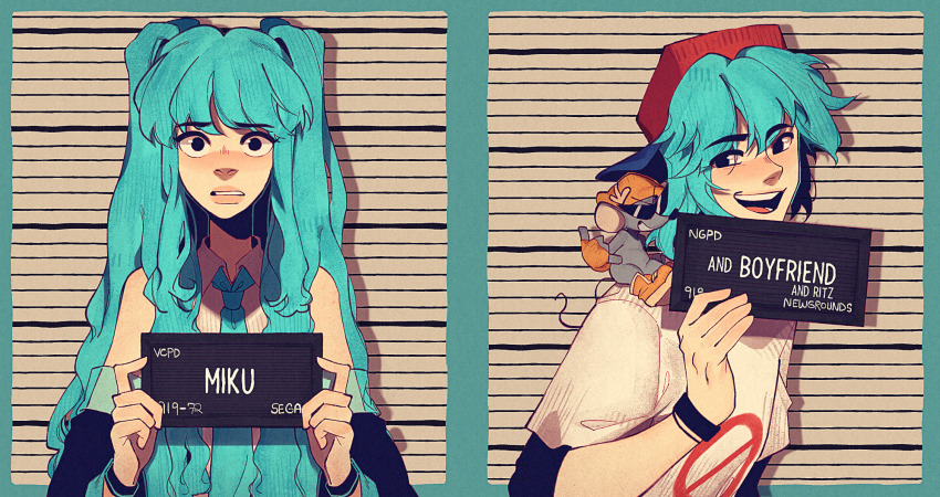 1boy 1girl aqua_eyes aqua_hair aqua_necktie ascot barbie_mugshot_(meme) bare_shoulders black_sleeves black_undershirt blush boyfriend_(friday_night_funkin&#039;) bracelet card character_name detached_sleeves friday_night_funkin&#039; gloves hat hatsune_miku height_chart height_mark highres holding holding_card holding_sign jewelry long_hair looking_at_viewer meme mouse_(animal) mugshot necktie newgrounds open_mouth orange_gloves orange_shoes pixie_(milkywaypixies) ritz_(character) shirt shoes sign smile sunglasses twintails vocaloid white_shirt wide_sleeves