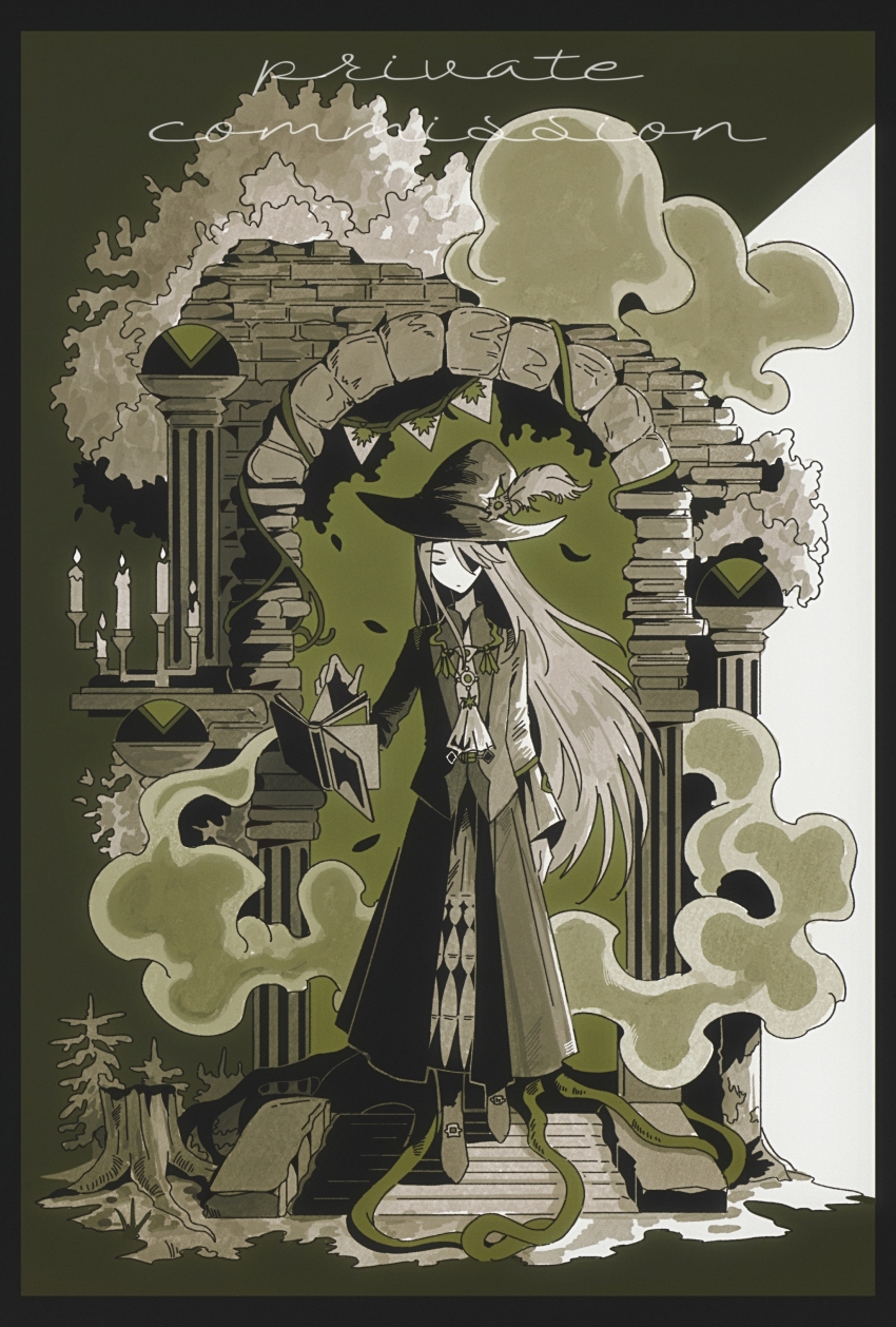 1girl absurdres black_boots black_hat black_jacket black_skirt book boots candelabra candle candlestand character_request closed_eyes closed_mouth commentary_request commission copyright_request english_text full_body green_theme grey_hair hair_over_one_eye hat highres jacket lifop long_hair long_sleeves shirt skirt white_shirt