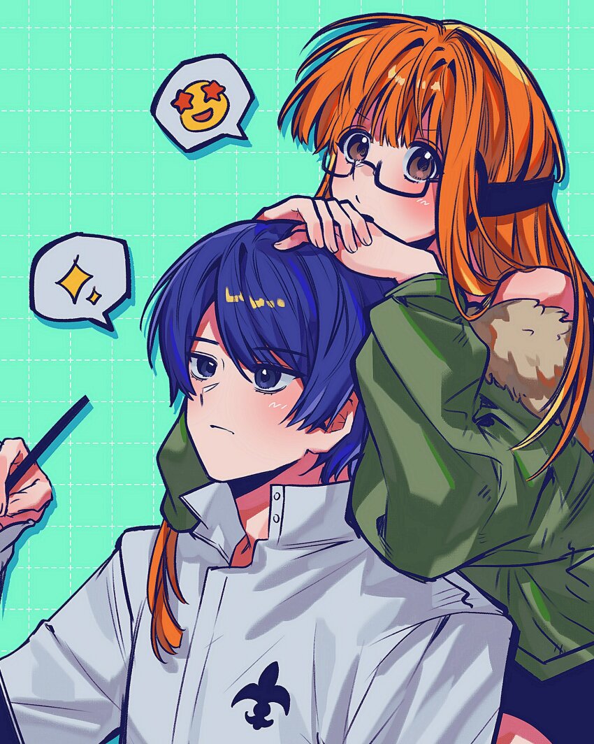 1boy 1girl aqua_background behind-the-head_headphones black-framed_eyewear black_shorts blue_eyes blue_hair blunt_bangs blush brown_eyes closed_mouth commentary_request cowboy_shot ddunnaaaaa dress_shirt fur-trimmed_jacket fur_trim glasses green_jacket grid_background hand_up hands_on_another&#039;s_head headphones highres holding jacket jacket_partially_removed kitagawa_yuusuke korean_commentary kosei_high_school_uniform long_hair looking_ahead orange_hair persona persona_5 portrait sakura_futaba school_uniform semi-rimless_eyewear shirt short_hair shorts spoken_emoji spoken_sparkle under-rim_eyewear white_shirt