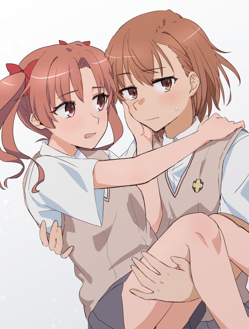 2girls brown_eyes brown_hair brown_sweater_vest carrying feet_out_of_frame grey_skirt hand_on_another&#039;s_face highres long_hair looking_at_viewer misaka_mikoto multiple_girls princess_carry school_emblem school_uniform sekinaito03 shirai_kuroko short_hair simple_background skirt summer_uniform sweater_vest toaru_kagaku_no_railgun toaru_majutsu_no_index tokiwadai_school_uniform twintails white_background