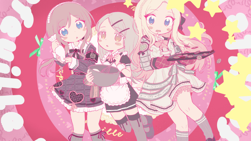 3girls alternate_costume apron baking black_dress blonde_hair blush bowl brown_hair deformed dress enmaided gakuen_idolmaster happy_mille-feuille_(idolmaster) highres himesaki_rinami holding holding_bowl holding_pastry_bag holding_tray idolmaster juo_sena kneehighs maid mixer_(cooking) mixing_bowl multiple_girls official_alternate_costume official_art oven_mitts pastry_bag shinosawa_hiro socks tray valentine white_apron white_dress wotoha