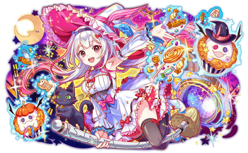 :q alternate_costume animal_collar animal_ear_fluff animal_ears ankle_boots aqua_ribbon arm_up armpits artist_request bare_shoulders black_cat black_hat black_tail black_thighhighs blue_bow blush boots bow breasts broom broom_riding button_eyes buttons candy cat cel_shading choker closed_eyes closed_mouth collar crash_fever crescent_moon cupcake detached_sleeves dress dress_bow eyelashes fake_animal_ears fence fish_skeleton floating floating_object food frilled_hat frills full_body game_cg ghost green_eyes hair_bow hair_intakes hairband halloween hat hat_ribbon hexagon holding holding_broom honeycomb_(pattern) house large_breasts layered_sleeves leg_up light_particles lollipop long_hair milankovitch_(crash_fever) moon number_print numbered official_alternate_costume official_art open_mouth outdoors outline pink_bow pink_eyes pink_hair pink_ribbon pinstripe_ribbon pointed_footwear polka_dot polka_dot_ribbon rabbit_ears red_bow red_outline ribbon ribbon_choker shirt shirt_bow sidelocks slit_pupils solo_focus spaghetti_strap sparkle sprinkles square square_print star_(symbol) star_ornament star_print tachi-e teeth thighhighs third-party_source tongue tongue_out transparent_background two-sided_fabric two-sided_headwear two-tone_hairband underbust upper_teeth_only very_long_hair whiskers white_collar white_dress white_footwear white_hair white_shirt white_sleeves witch witch_hat wrapped_candy