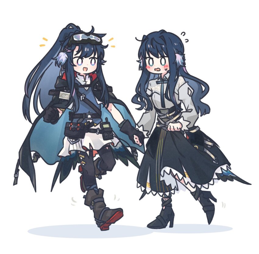 0_0 2girls :d arknights astesia_(arknights) astgenne_(arknights) black_footwear black_gloves black_skirt black_thighhighs blue_hair blue_vest blush boots commentary english_commentary flying_sweatdrops gloves goggles goggles_on_head grey_shirt hair_intakes high_heels high_ponytail highres holding_hands long_hair long_skirt long_sleeves multiple_girls notice_lines open_mouth ponytail puffy_long_sleeves puffy_sleeves seal_007 second-party_source shadow shirt shoe_soles simple_background skirt smile sweat thighhighs thighhighs_under_boots very_long_hair vest wavy_mouth white_background white_shirt white_skirt