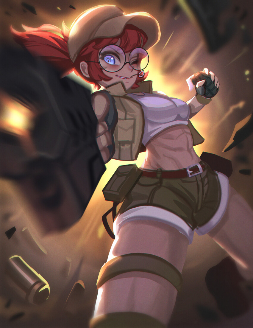 1girl absurdres anh_nguyen blue_eyes breasts crop_top fio_germi glasses granade gun hat highres jacket long_hair medium_breasts metal_slug ponytail red_hair shorts sleeveless weapon