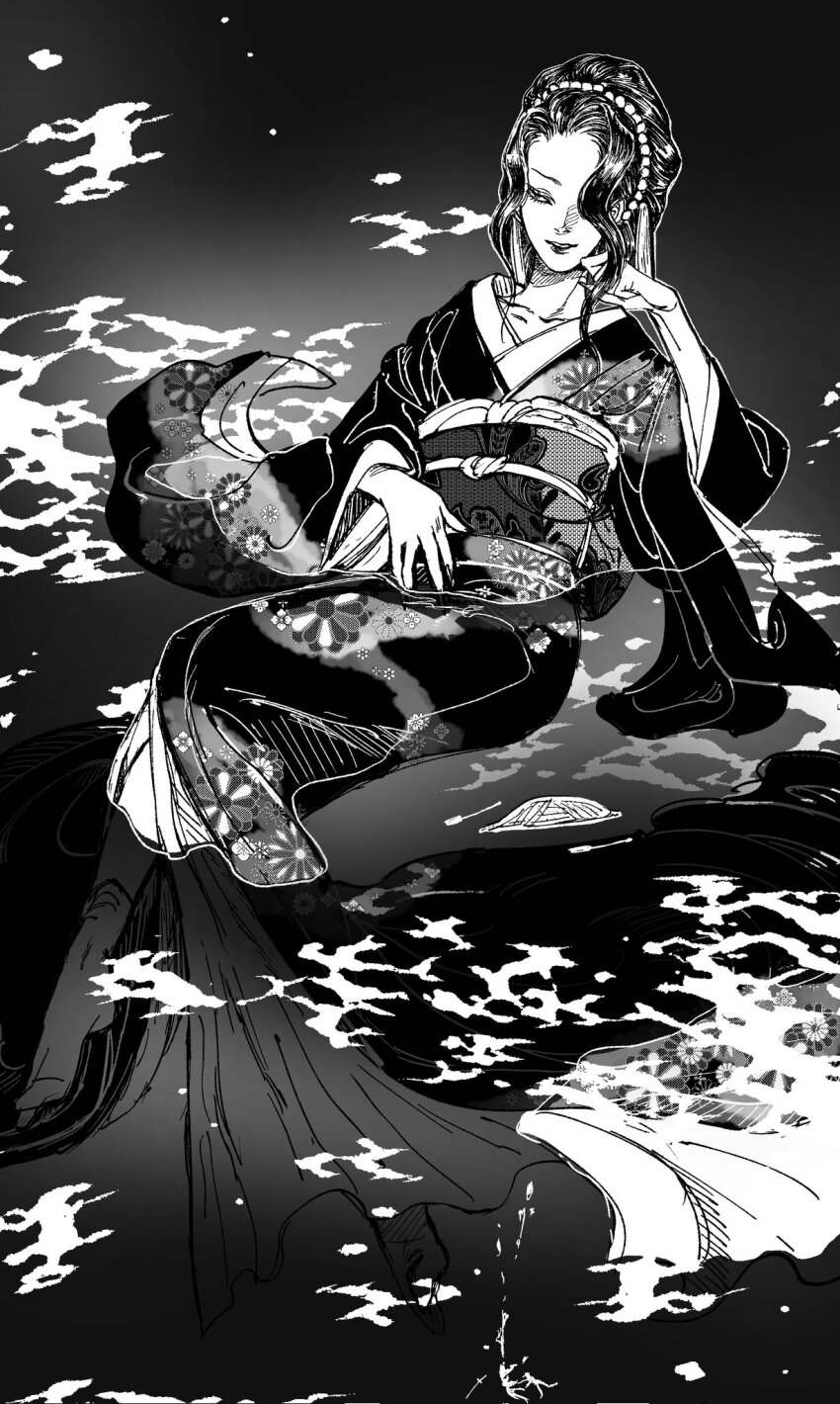 1girl black_hair demon_girl f68_0 genderswap genderswap_(mtf) highres japanese_clothes kibutsuji_muzan kibutsuji_muzan_(female) kimetsu_no_yaiba kimono monochrome sitting