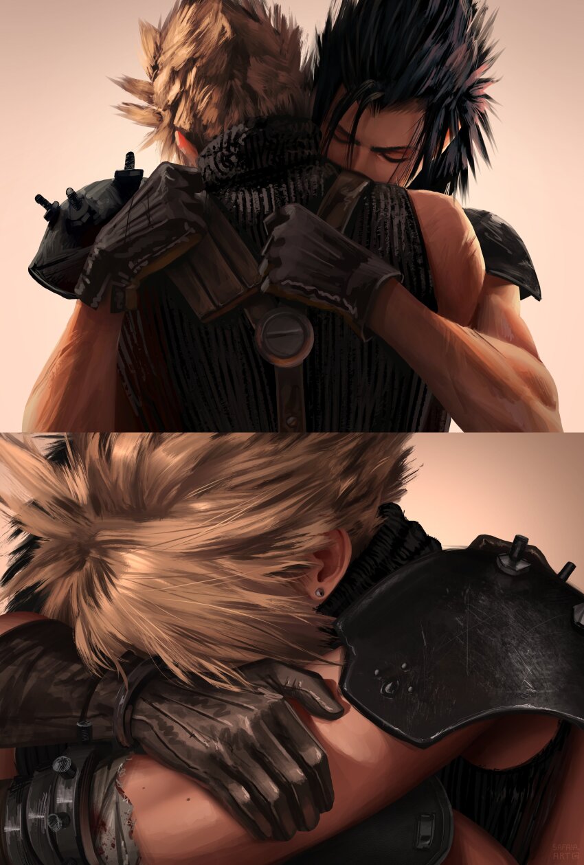 2boys absurdres armor black_hair blonde_hair brown_gloves closed_eyes cloud_strife commentary crisis_core_final_fantasy_vii earrings english_commentary final_fantasy final_fantasy_vii final_fantasy_vii_remake from_behind gloves gradient_background highres hug jewelry male_focus multiple_boys ribbed_sweater safaia short_hair shoulder_armor single_bare_shoulder sleeveless sleeveless_turtleneck spiked_hair stud_earrings sweater turtleneck turtleneck_sweater upper_body zack_fair