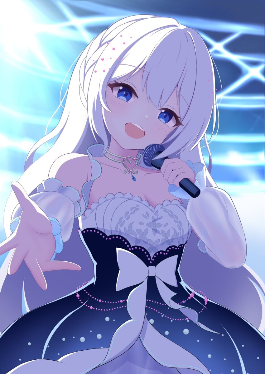 1girl aitsuki_nakuru blue_dress blue_eyes bow breasts cleavage detached_sleeves dress highres holding holding_microphone jewelry la_priere layered_dress long_hair looking_at_viewer microphone multicolored_dress natsukage_ao necklace open_mouth puffy_detached_sleeves puffy_sleeves sidelighting solo stage_lights teeth upper_body upper_teeth_only utaite white_bow white_dress white_hair