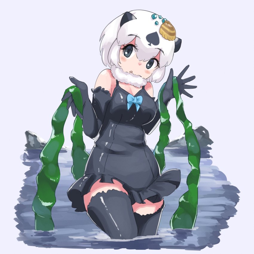 1girl absurdres animal_ears bare_shoulders black_gloves black_hair black_one-piece_swimsuit black_thighhighs blue_bow blue_bowtie blush bow bowtie californian_sea_otter_(kemono_friends) commentary_request elbow_gloves frilled_swimsuit frills fur_collar gloves grey_eyes highres iwa_(iwafish) kemono_friends looking_at_viewer multicolored_hair one-piece_swimsuit otter_ears otter_girl seaweed shell_hair_ornament short_hair sleeveless solo spaghetti_strap swimsuit thighhighs two-tone_hair wading water white_fur white_hair zettai_ryouiki