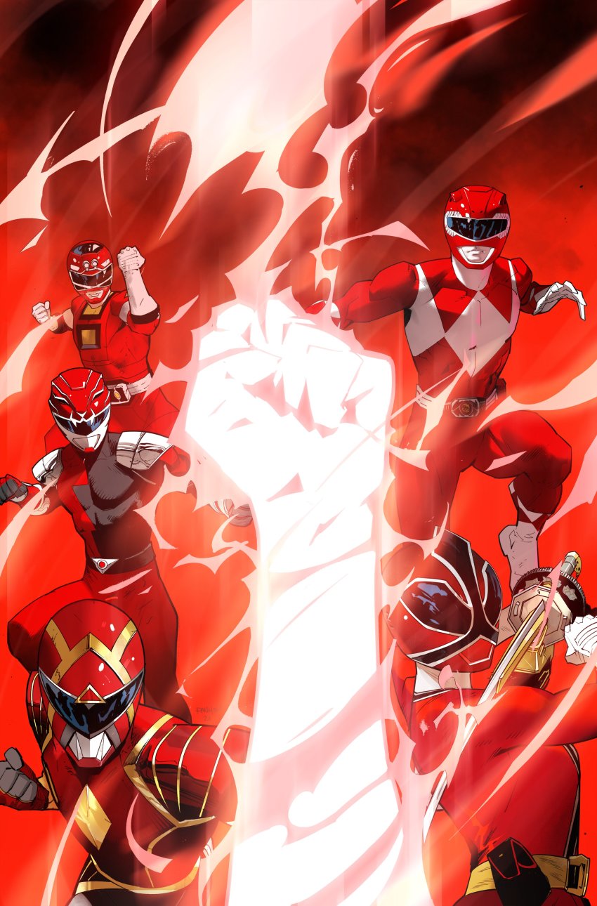 5boys absurdres bodysuit clenched_hand clenched_hands comic_cover dan_mora dino_buckler gloves helmet highres holding holding_sword holding_weapon mighty_morphin_power_rangers mighty_morphin_red_ranger multiple_boys official_art open_hand power_rangers power_rangers_(boom!_studios) power_rangers_hyperforce power_rangers_samurai power_rangers_turbo red_bodysuit sword tokusatsu tyranno_ranger visor weapon white_gloves