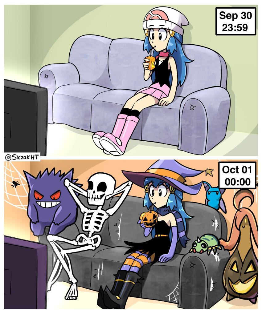 1girl 4others :&gt; absurdres before_and_after bent_over black_dress black_footwear black_shirt black_socks blue_eyes blue_hair boots breasts cleavage closed_mouth couch dated dawn_(pokemon) dress drink drinking drinking_straw full_body gen_1_pokemon gen_2_pokemon gen_6_pokemon gengar gourgeist grin hair_ornament hairclip halloween halloween_costume hat highres holding holding_drink indoors kneehighs long_hair meme meme_attire multiple_others nintendo pink_footwear pink_skirt pokemon pokemon_(creature) pokemon_dppt red_scarf scarf shirt siczak skeleton skirt sleeveless sleeveless_shirt smile socks spinarak time_lapse witch_hat zubat