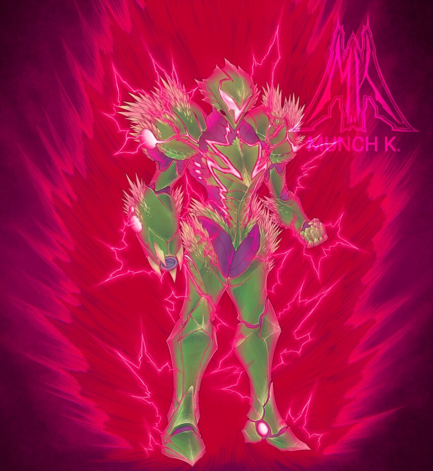 1girl absurdres arm_cannon armor artist_logo artist_name aura biomechanical biopunk carapace clenched_hand commentary dark_aura english_commentary full_body glowing_lines green_armor highres lightning logo metroid metroid_dread metroid_suit munch_k nintendo normal_suit_(metroid) power_suit red_aura red_lightning red_visor redesign samus_aran solo spiked_pauldrons spikes spines visor_(armor) weapon