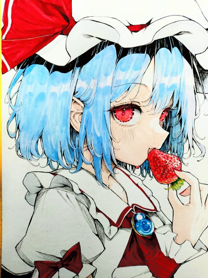 1girl blue_hair brooch dress eating fang food frilled_dress frills fruit gem hat highres jewelry juice mikan_(manmarumikan) open_mouth pointy_ears red_eyes remilia_scarlet ribbon short_hair skin_fang strawberry touhou vampire white_background